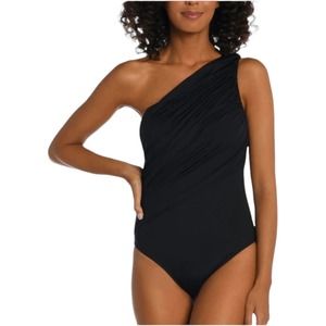 NWT La Blanca Island Goddess Shirred One Shoulder One Piece - Black